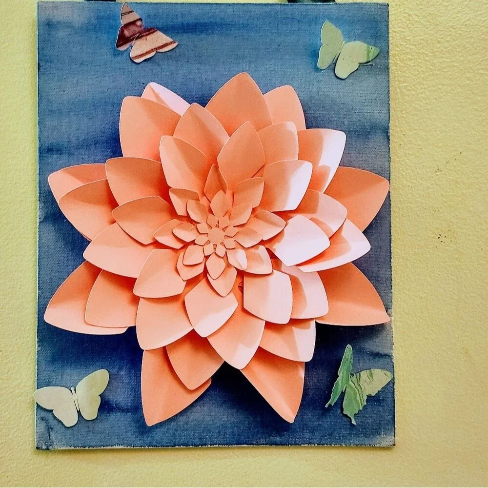 Handmade Dahlia Flower Canvas Wall Art, Mixed Media Watercolor Painting, Pink